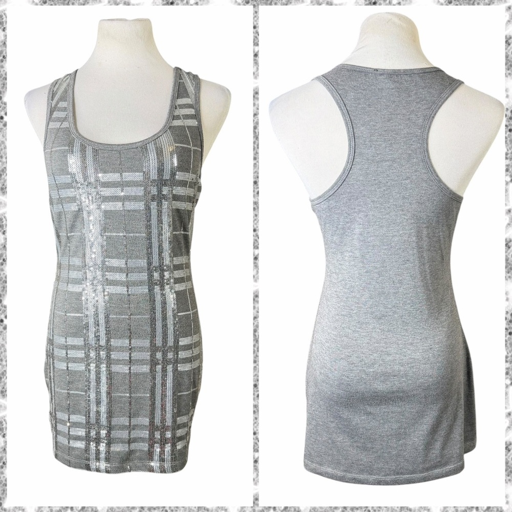 Nikibiki Gray & Silver Sequin Striped Tunic Length Racerback Tank - Size Large